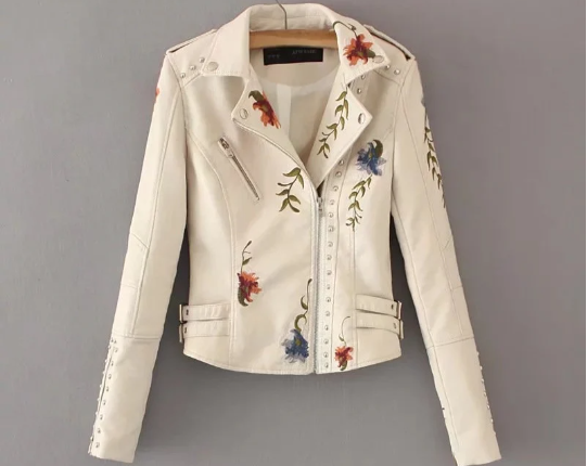 Embroidered Floral Leather Jacket Black & White Boho Handmade 