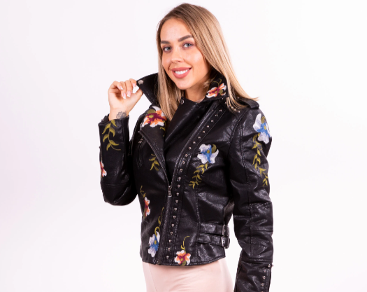 Bridal Faux Leather Jacket with Flowers - Custom jackets