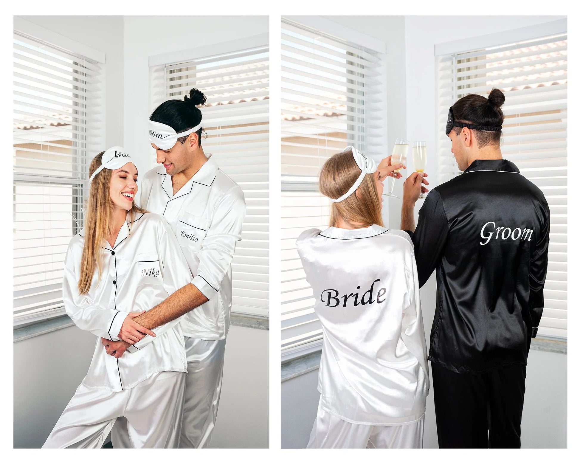 Bride and Groom Satin Pajama Sets for Couple Short Sleeves +