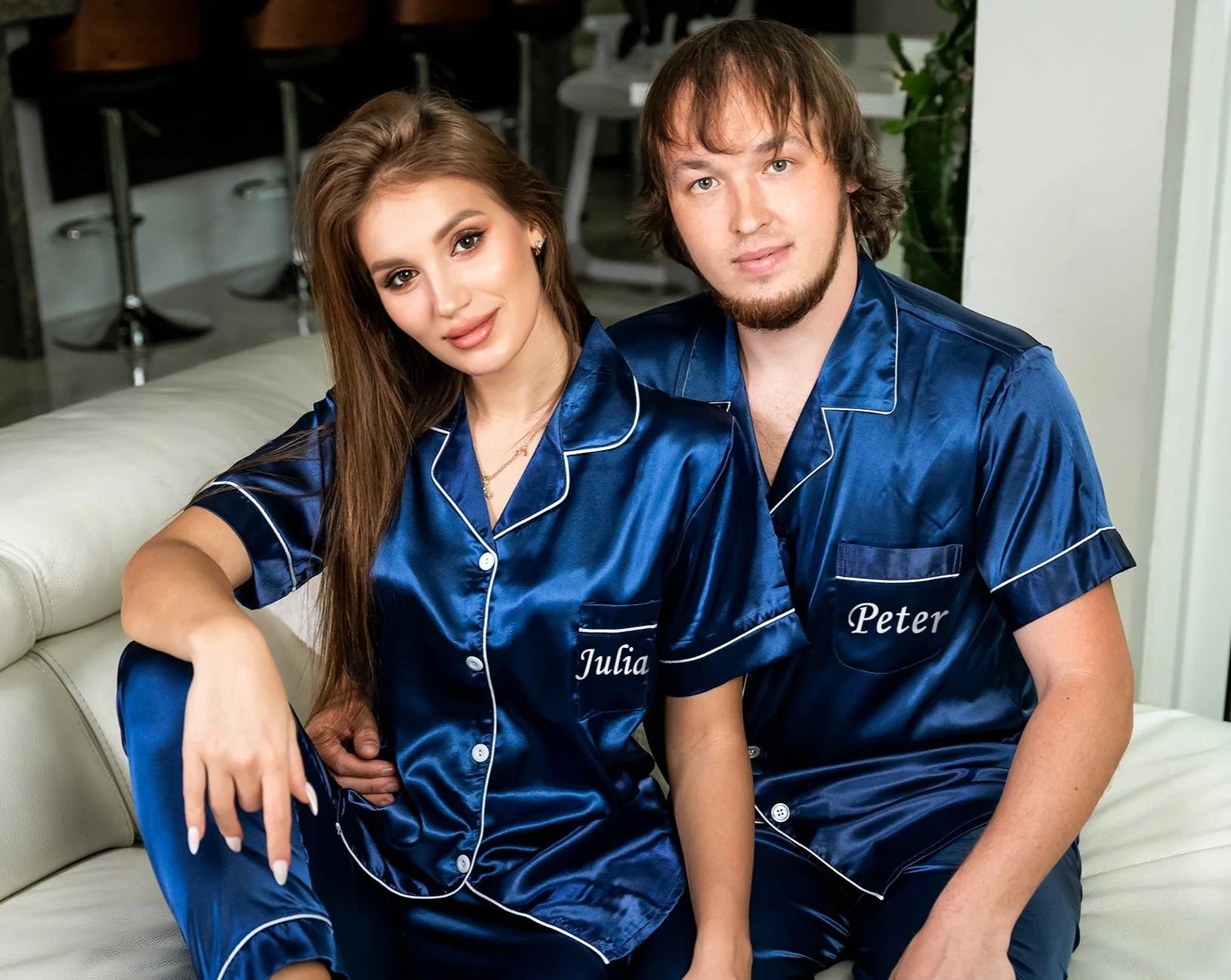 Bride and Groom Satin Pajama Sets for Couple Short Sleeves +