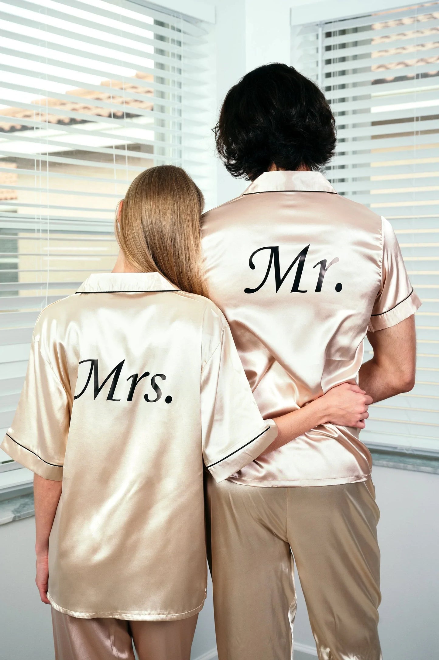 Bride and Groom Satin Pajama Sets for Couple Short Sleeves +