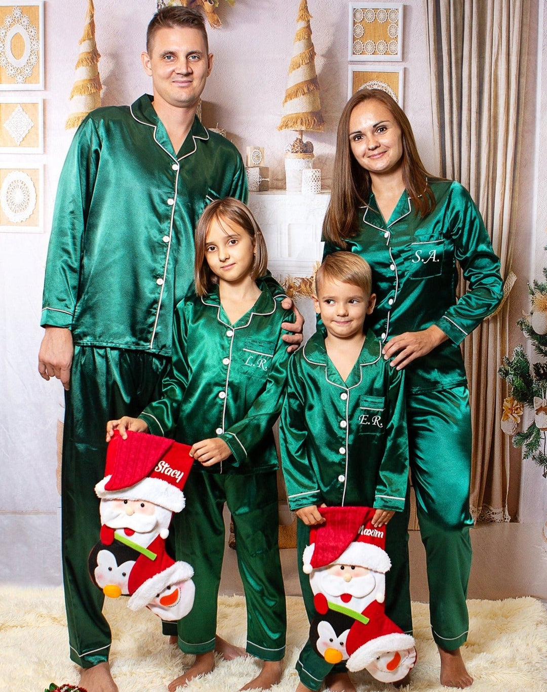 Christmas Family Matching Satin Pajama Sets Long Sleeves + Pants