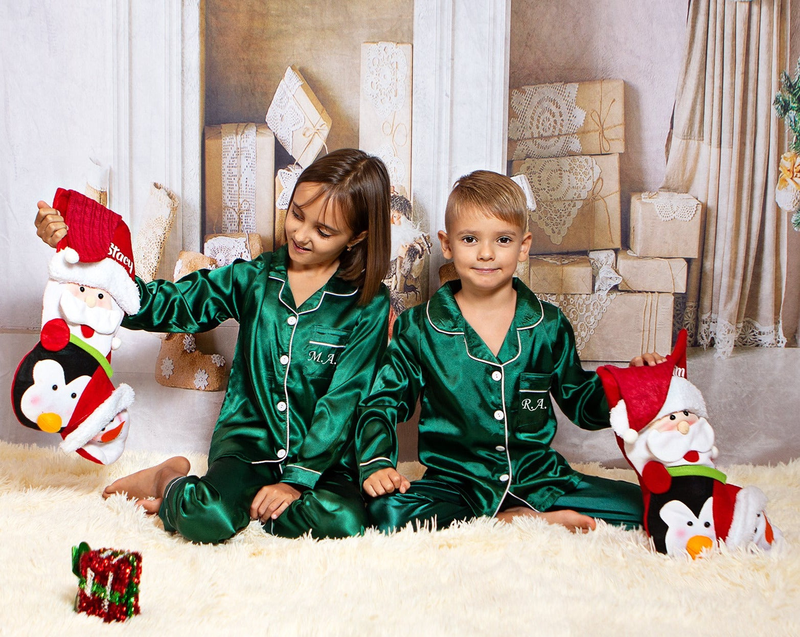 Christmas Satin Pajamas PJ's Solid Family Matching Xmas Sleepwear Pants Set  For Adults 