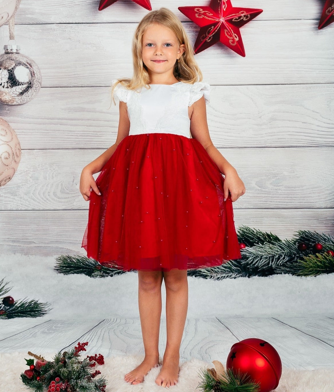 Christmas Girl Tutu Dress With Pearls - Kids clothes