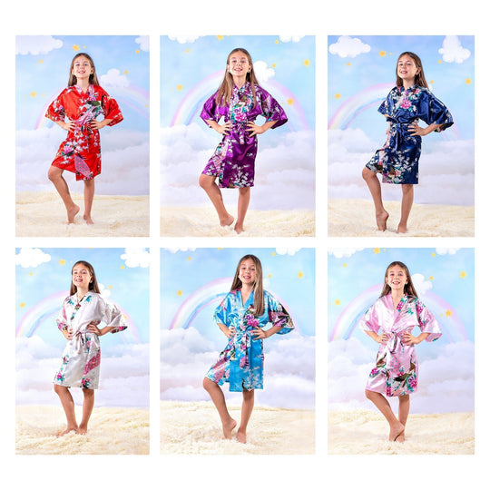 Set of 9 Kids Floral Peacock Satin Robes