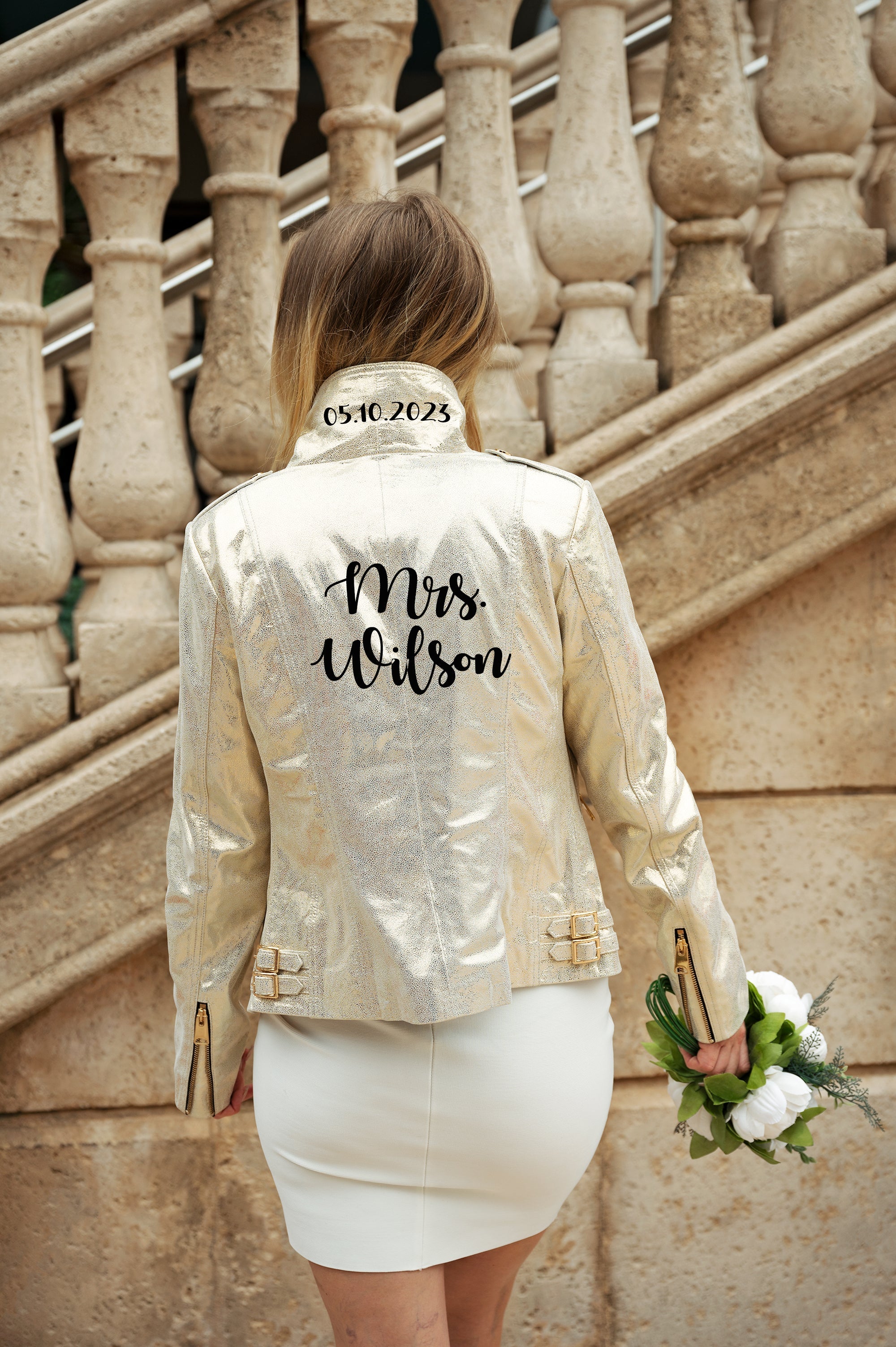Custom Genuine Leather Jacket for Wedding with Date under Collar