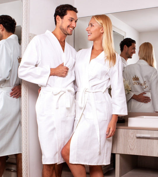 Custom Long Waffle Cotton Bathrobes for Couple - couple 