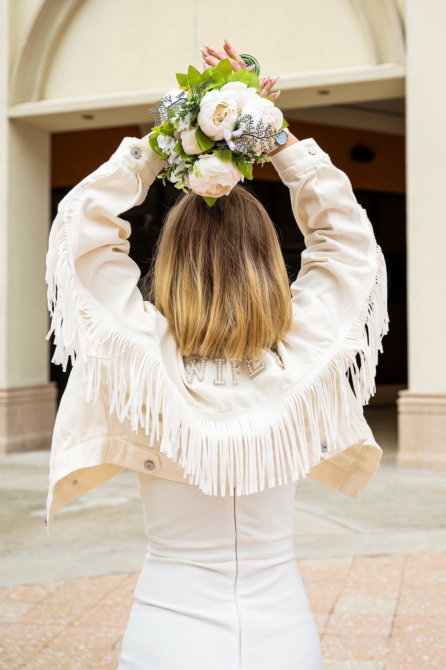 Custom White Bridal Jacket with Fringes - pearls - Custom