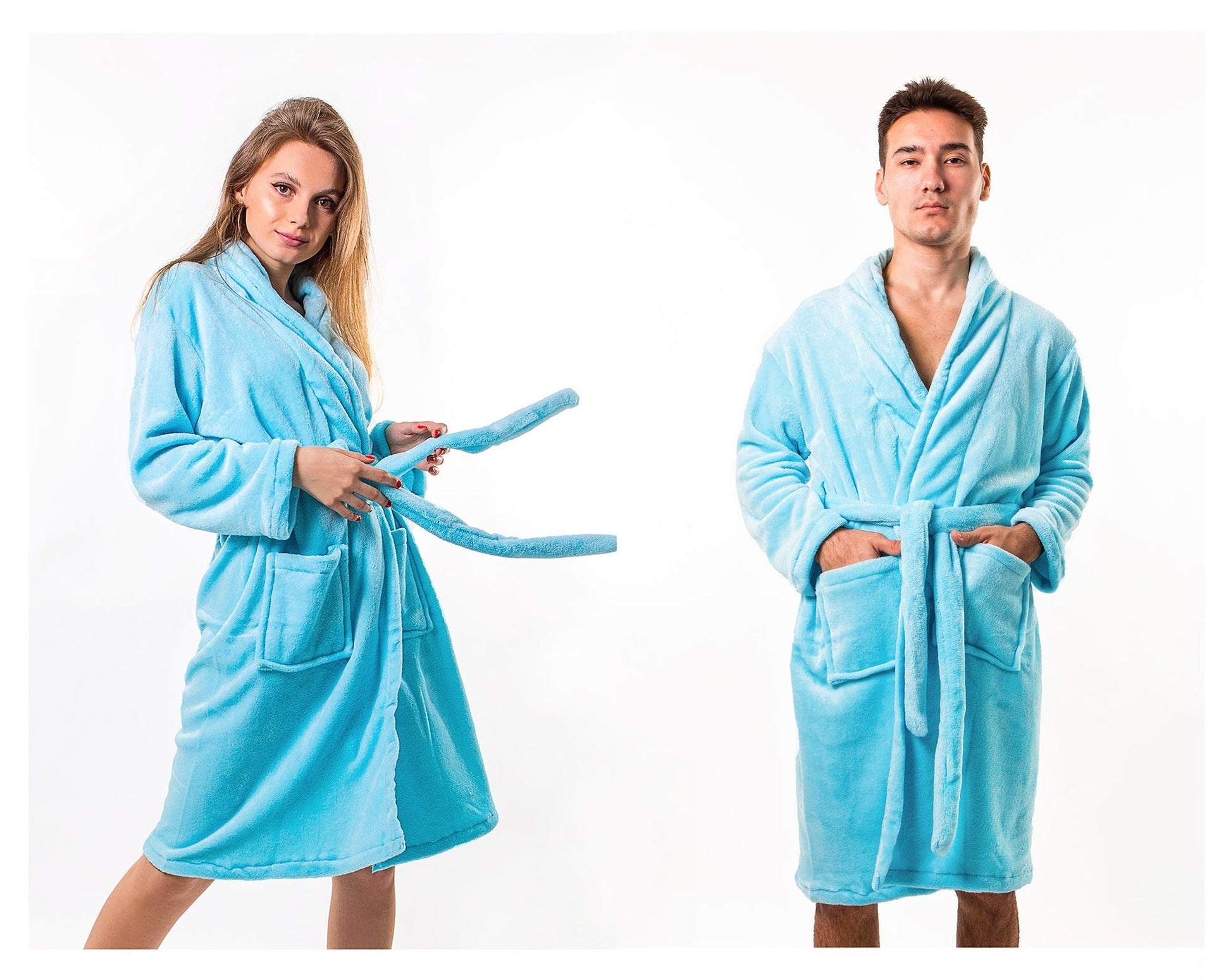 Customized Cozy Terry Bathrobes for Couple - S / Blue - 
