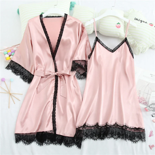 Sleepwear Women's Satin Nightgown with Robes Set 2 Piece Sexy Lace