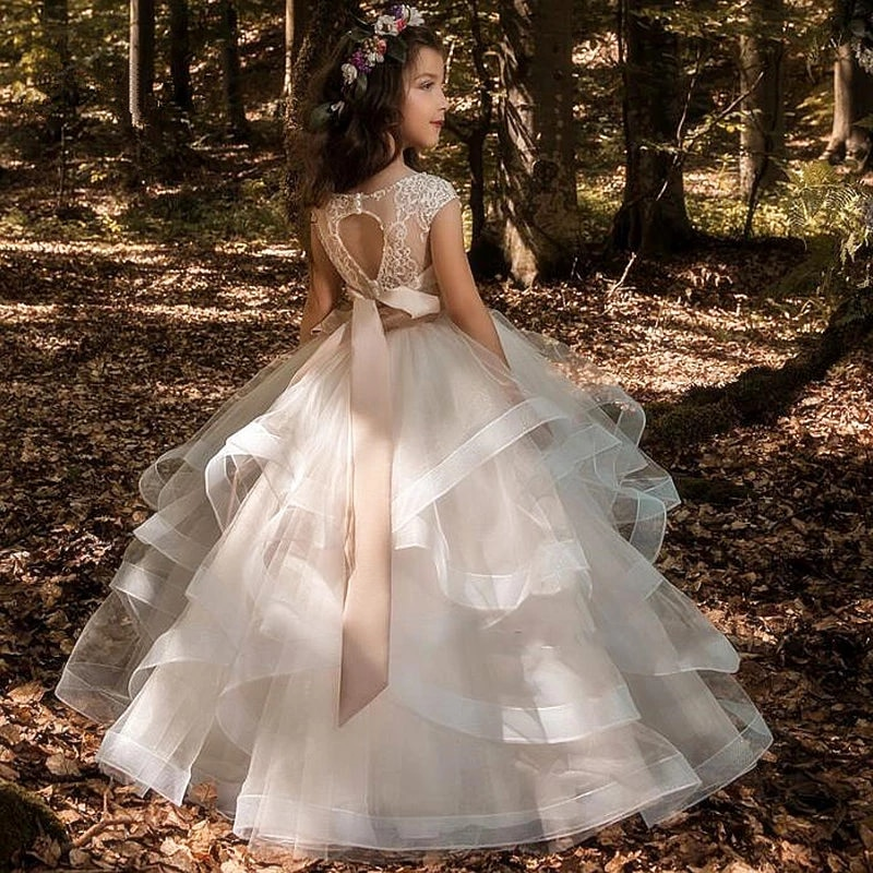 Flower Girls Lace Layered Heart Open Back Dress