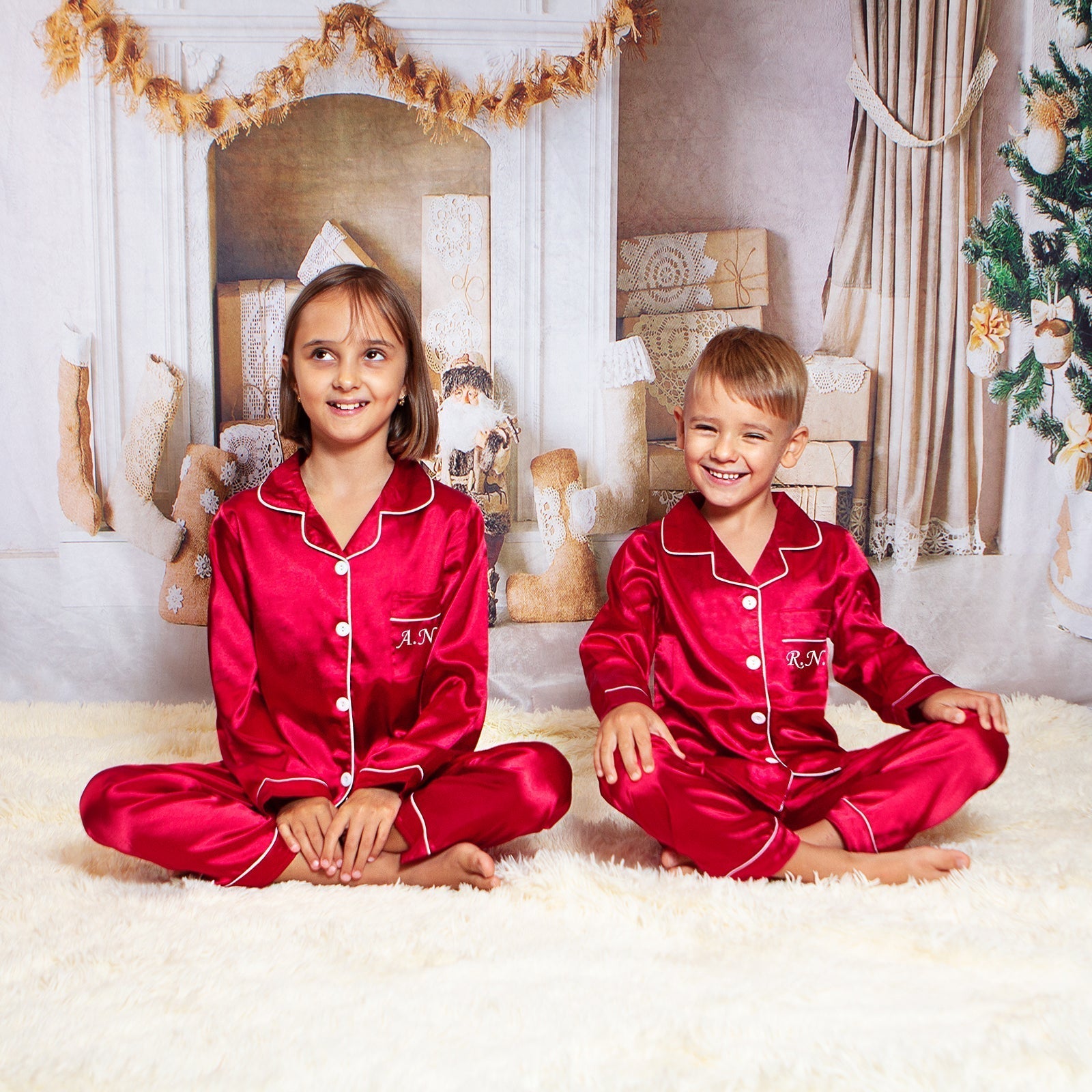 Red satin family pajamas hot sale