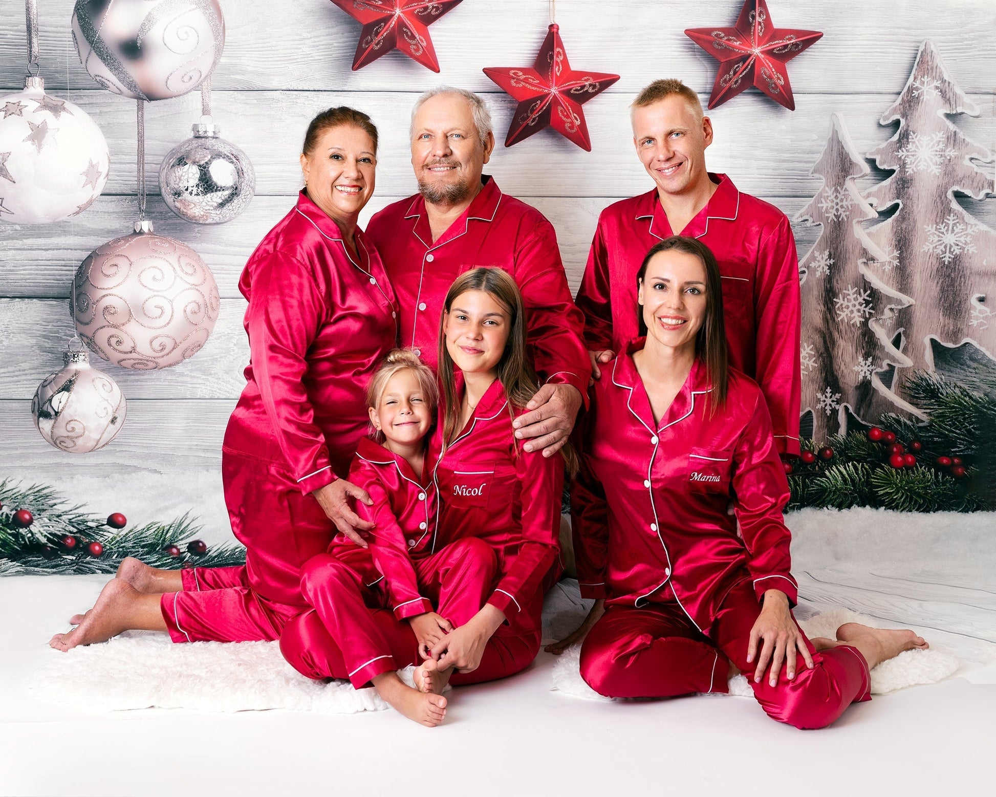 Christmas Family Matching Satin Pajama Sets Long Sleeves + 
