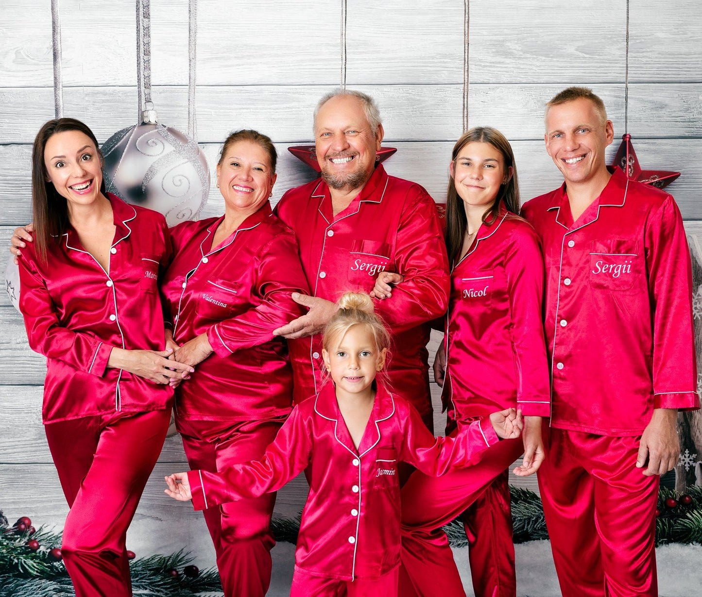 Family Matching Satin Xmas Pajamas Long Sleeves + Pants - 