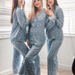 Floral Print Lace Satin Pajama Set Long Sleeves+Pants - 