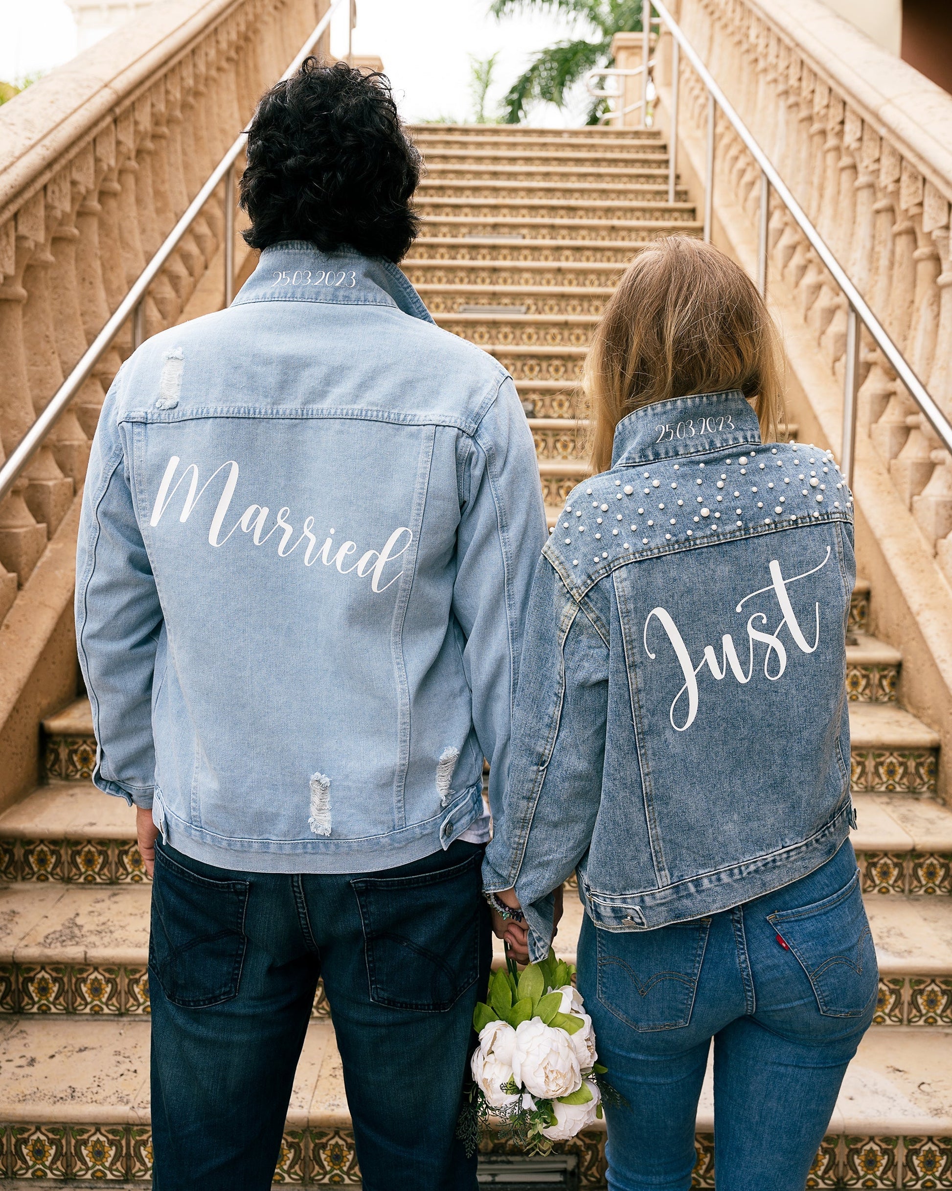 Just Married Custom Denim Jackets for Couple - pearls jacket