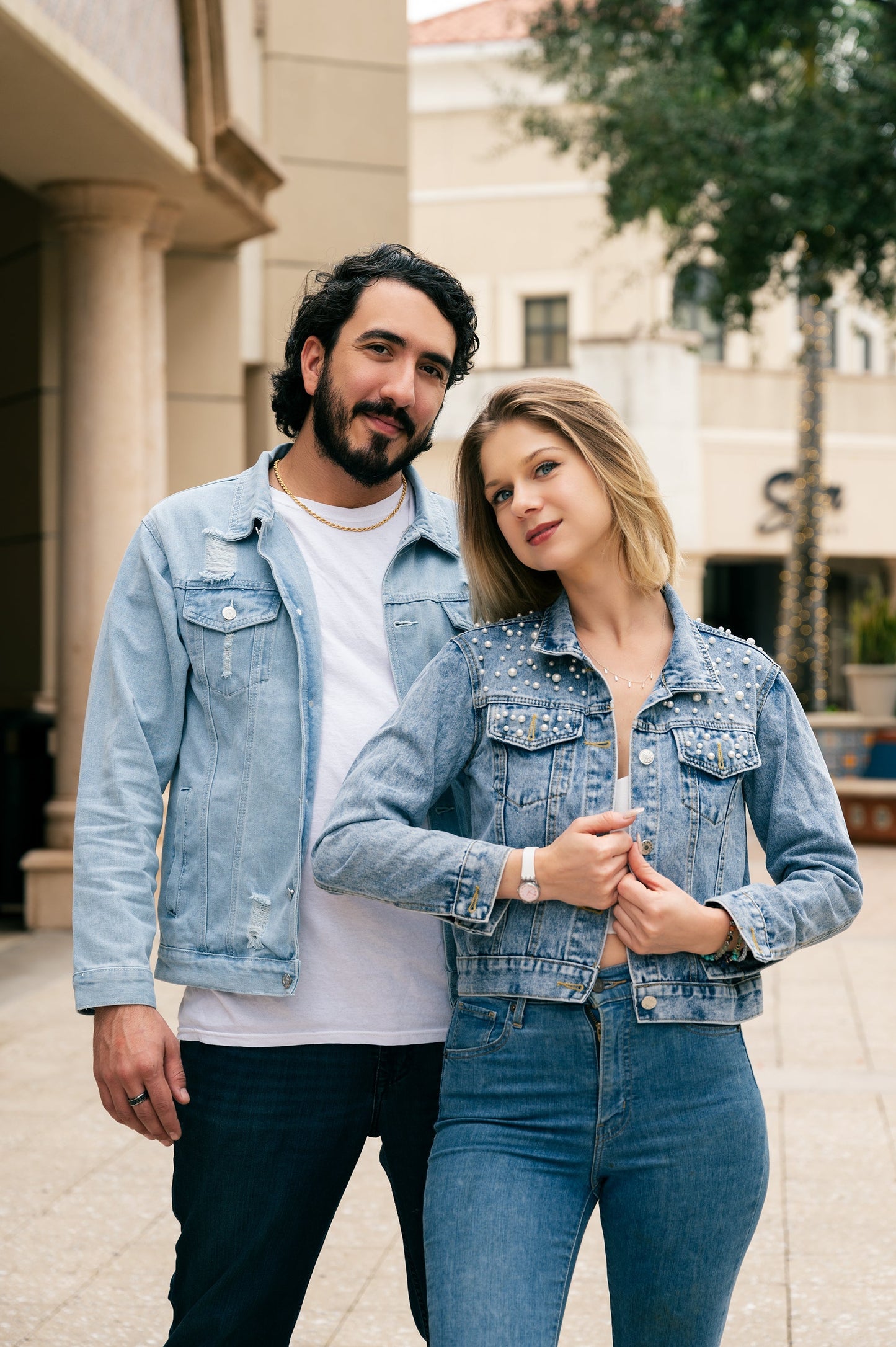 Just Married Custom Denim Jackets for Couple - pearls jacket