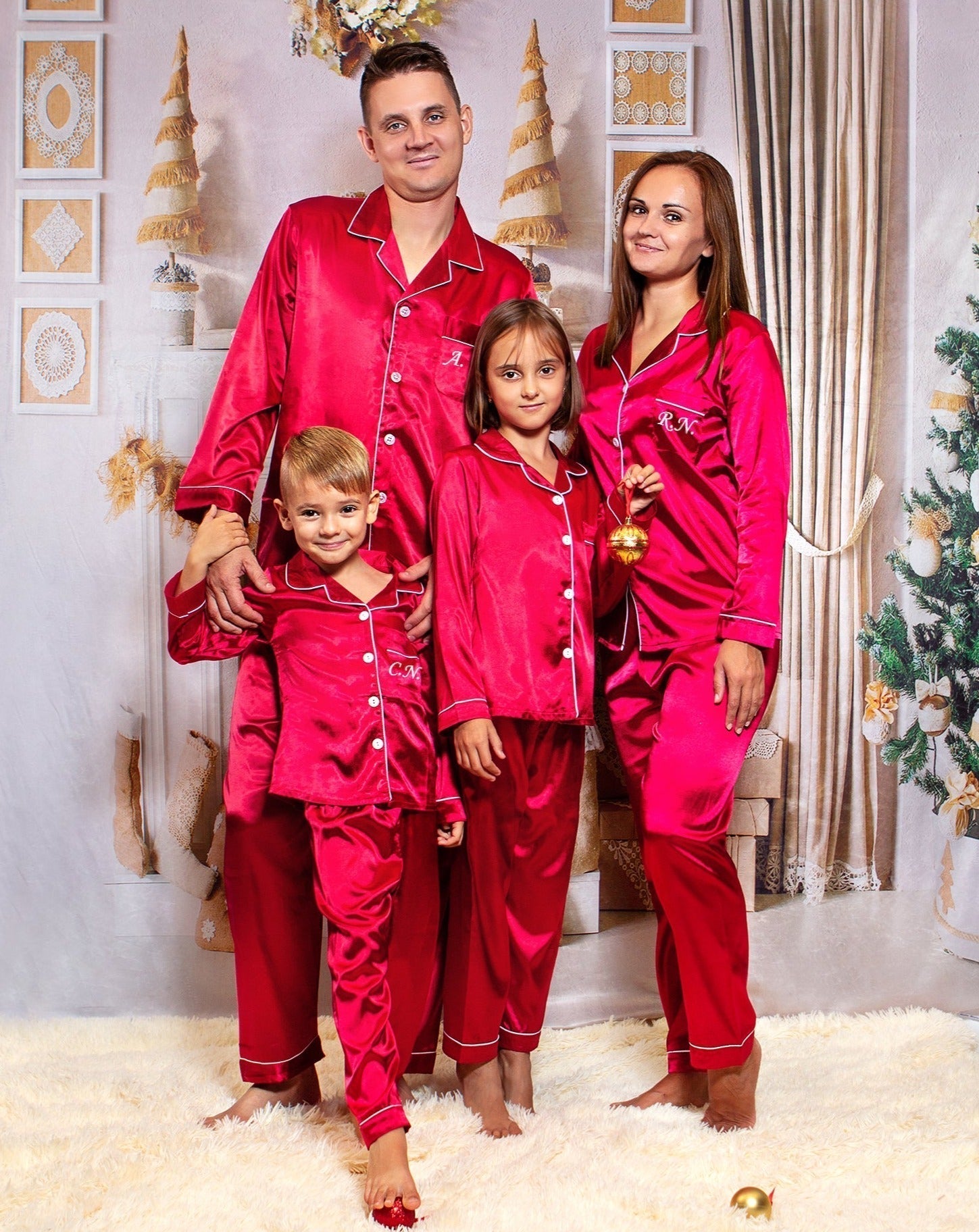 Christmas Family Matching Satin Pajama Sets Long Sleeves + 