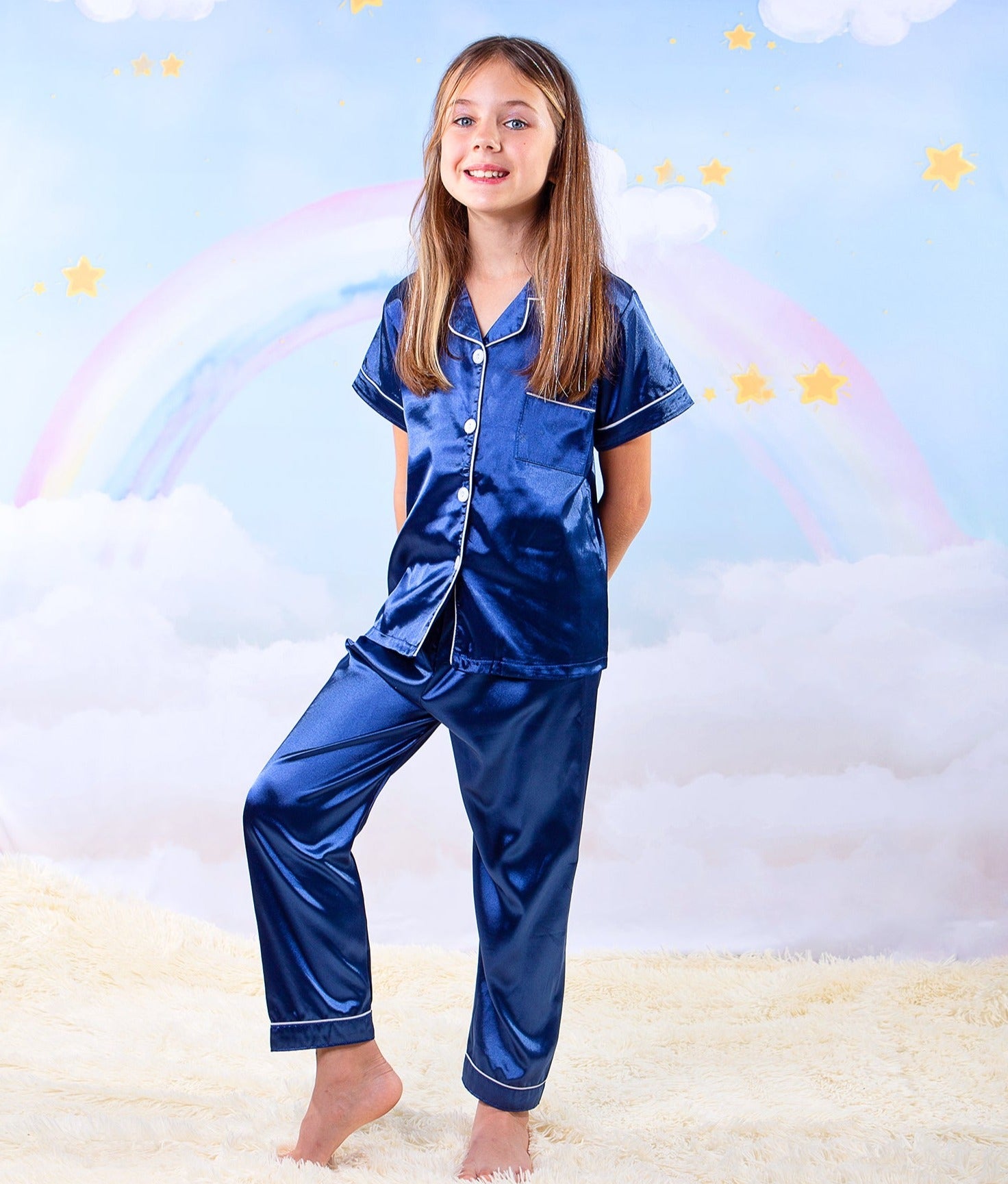 Kids Unisex Satin Customized Pajama Sets Short Sleeves + 