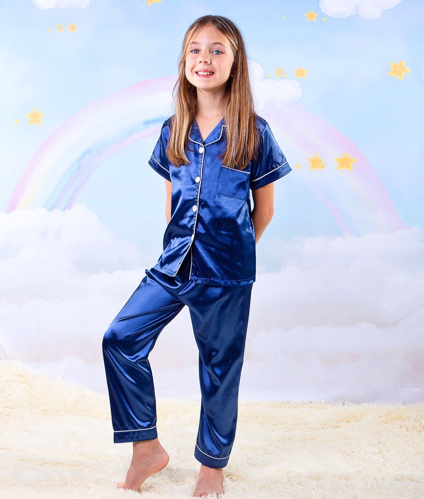 Kids Unisex Satin Customized Pajama Sets Short Sleeves + 