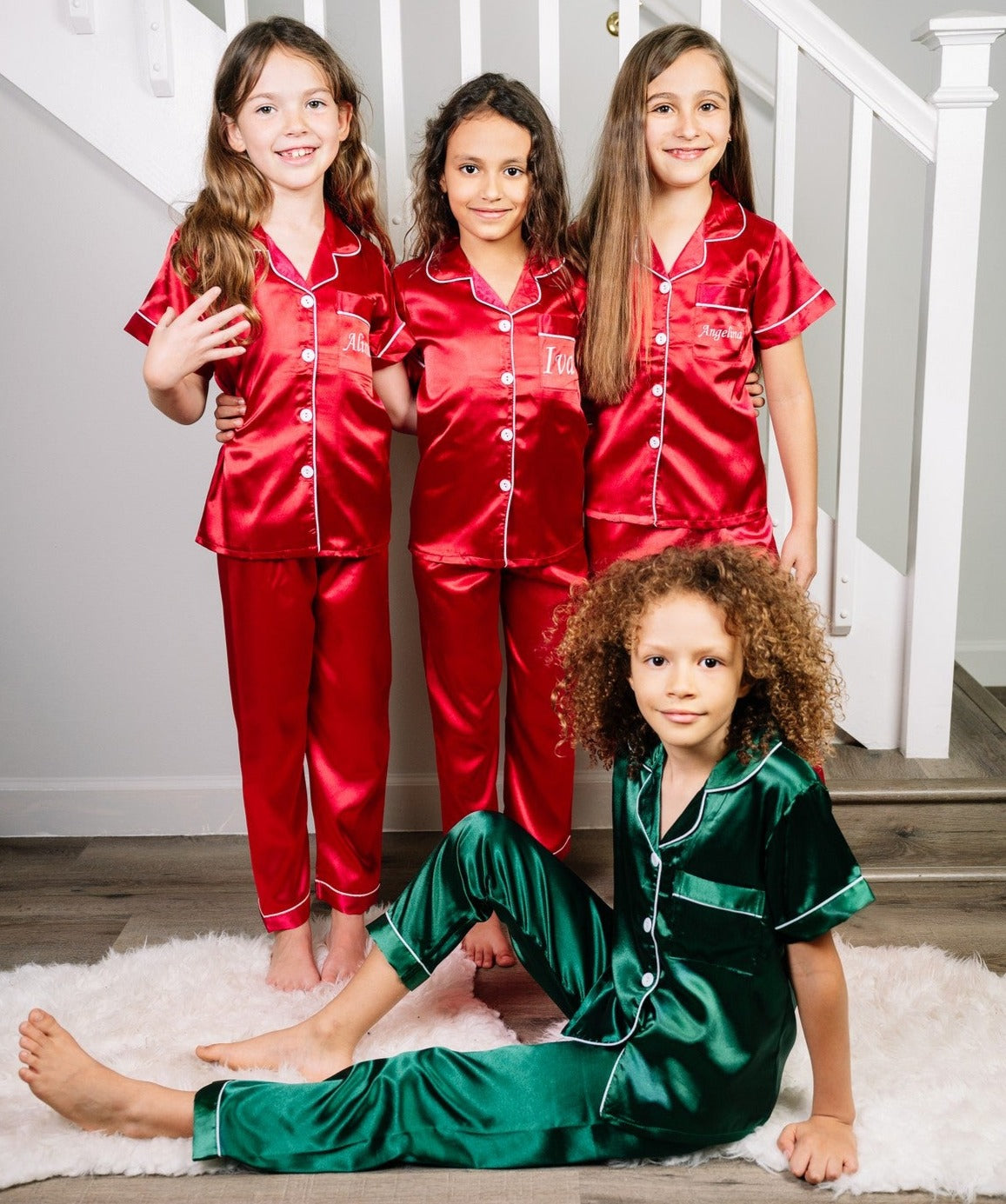 Kids Unisex Satin Customized Pajama Sets Short Sleeves + 