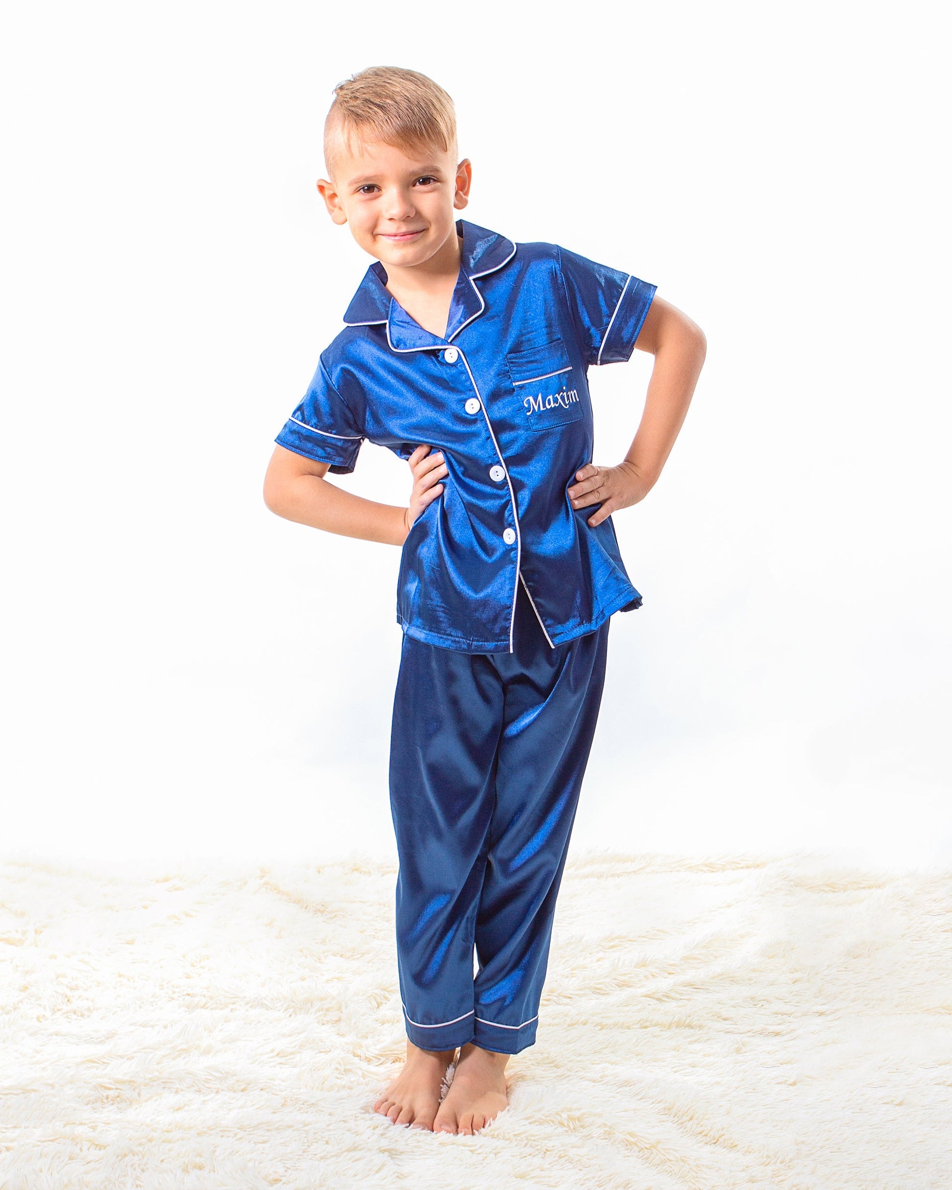 Kids Unisex Satin Customized Pajama Sets Short Sleeves + 