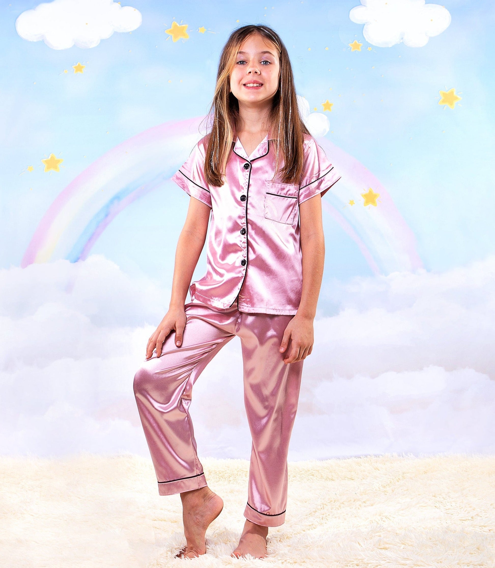 Kids Unisex Satin Customized Pajama Sets Short Sleeves + 