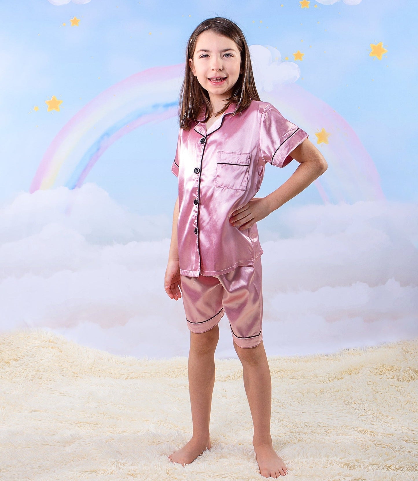 Kids Unisex Satin Customized Pajama Sets Short Sleeves + 