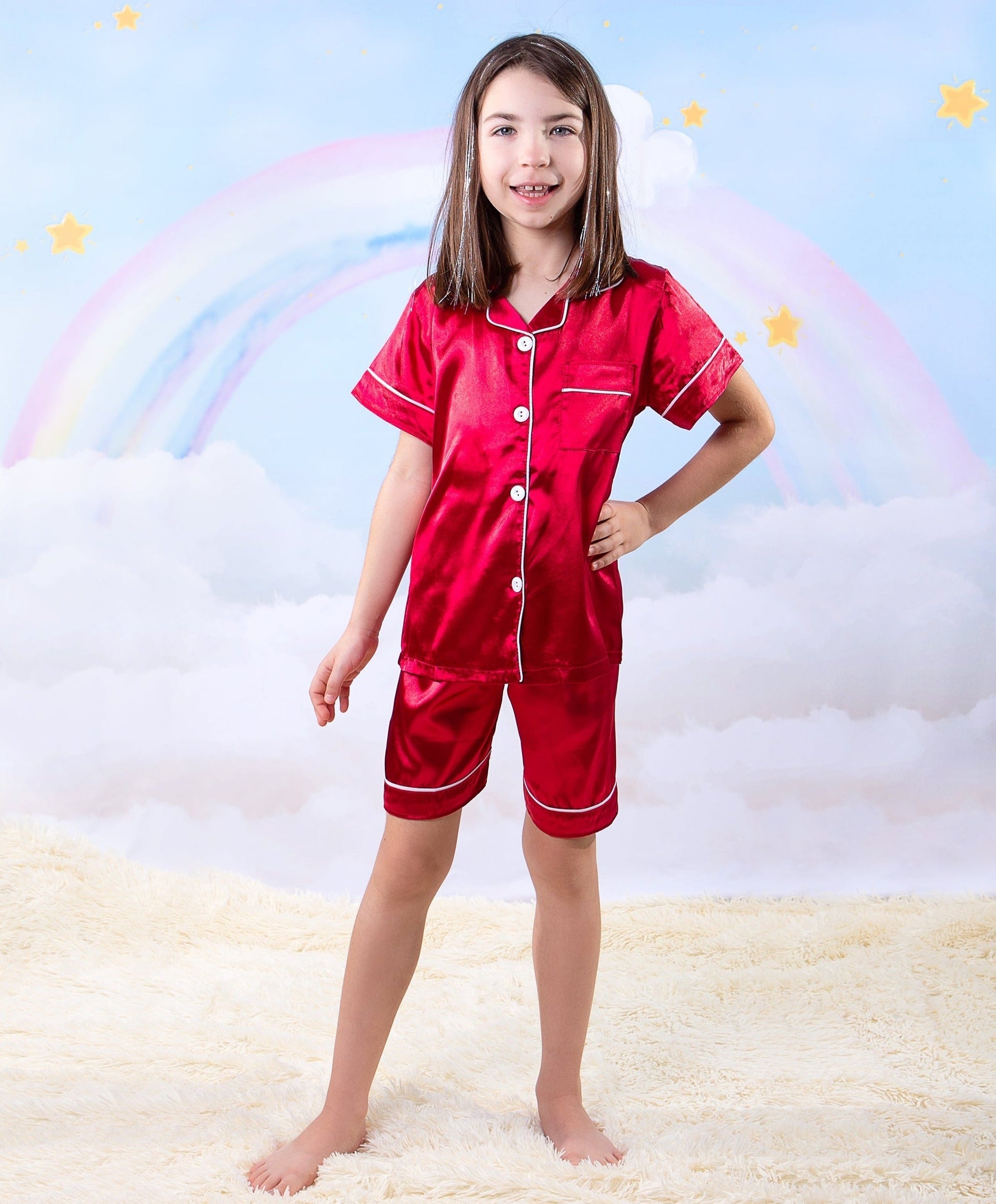 Kids Unisex Satin Customized Pajama Sets Short Sleeves + 