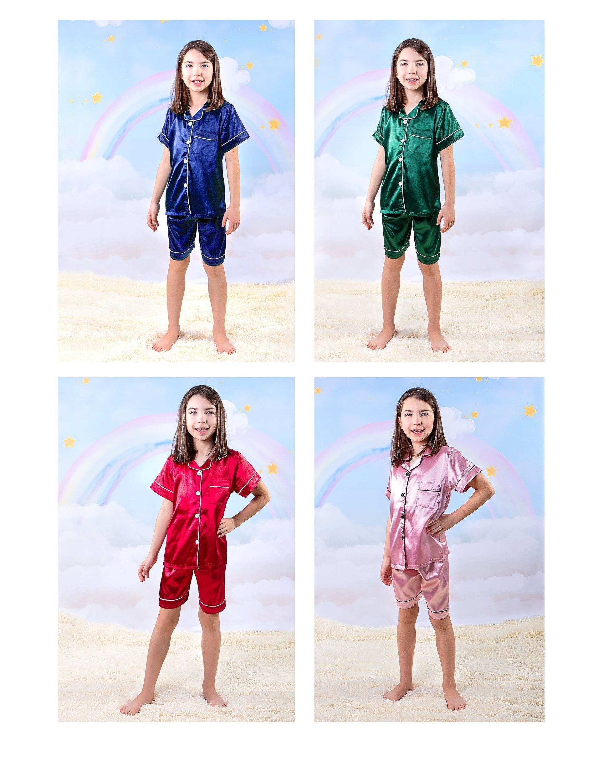 Kids Unisex Satin Customized Pajama Sets Short Sleeves + 