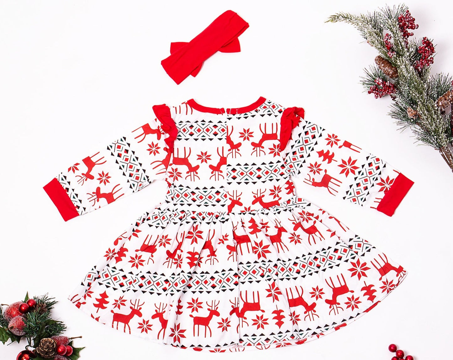 Red Ruffle Christmas Dress with reindeer