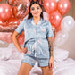 Lama Print Lace Satin Pajama Set Short Sleeves+Shorts - 