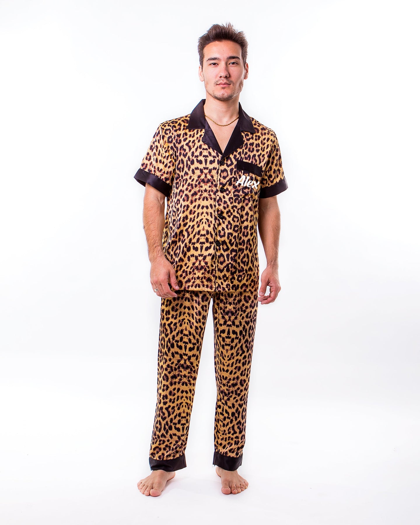 Men's Leopard Print Satin Pajama Set - Short Sleeve Button Down Top & Shorts, Loungewear