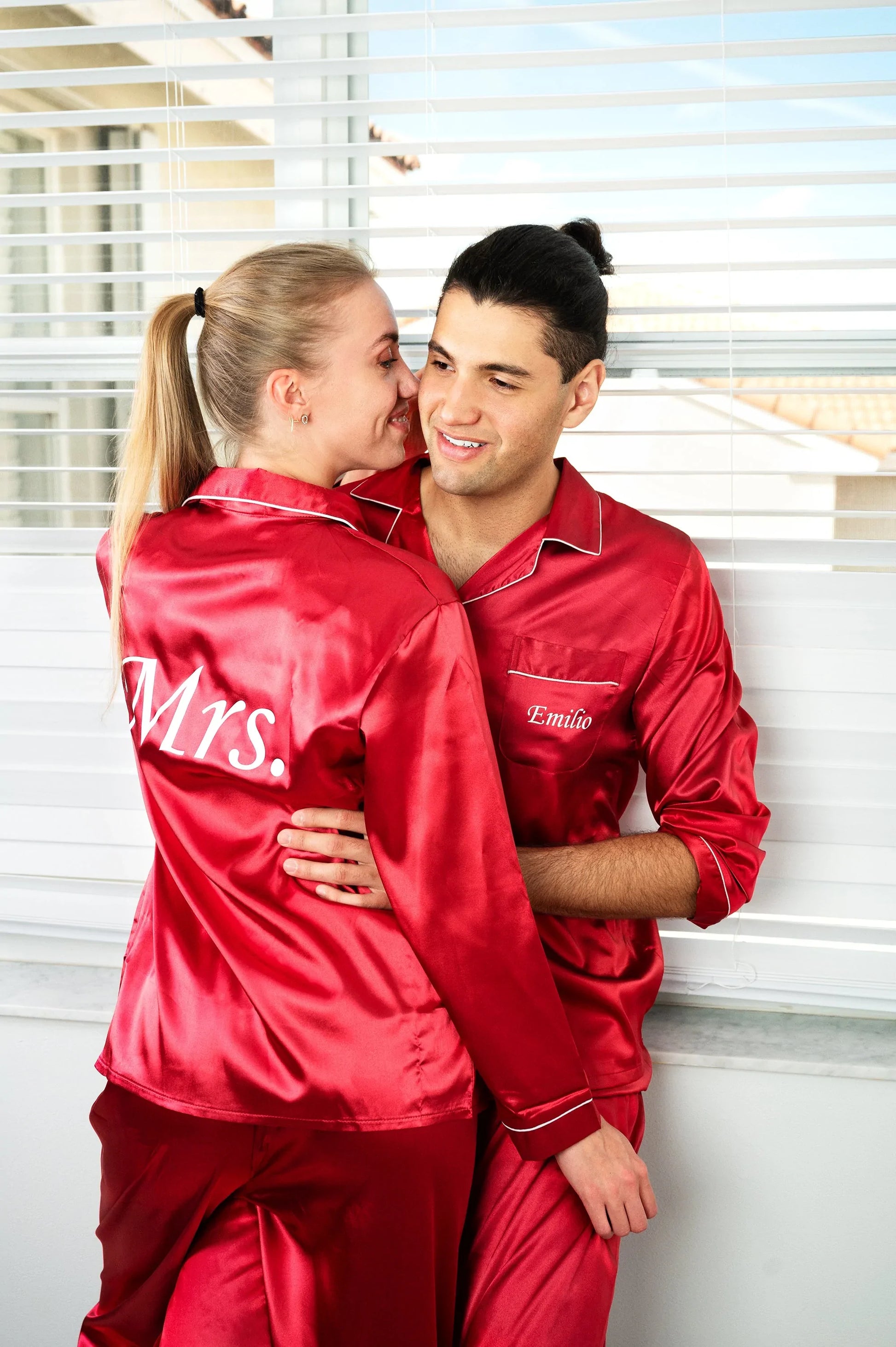 Matching couple satin best sale pajamas