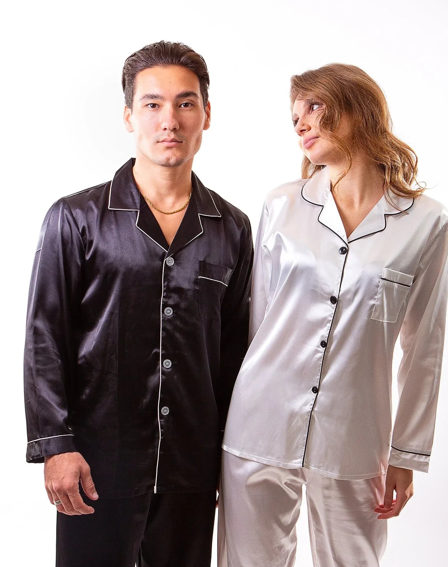Matching Satin Pajama Sets for Couple Long Sleeves Pants Sunny