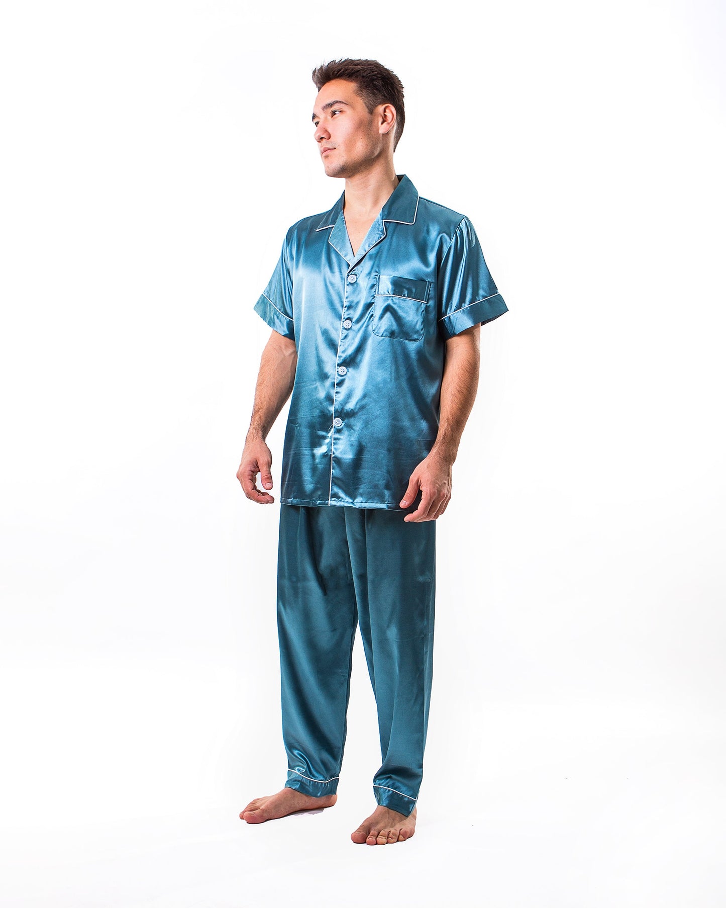 Men’s Satin Pajama Set Short Sleeves + Pants - S / Turquoise
