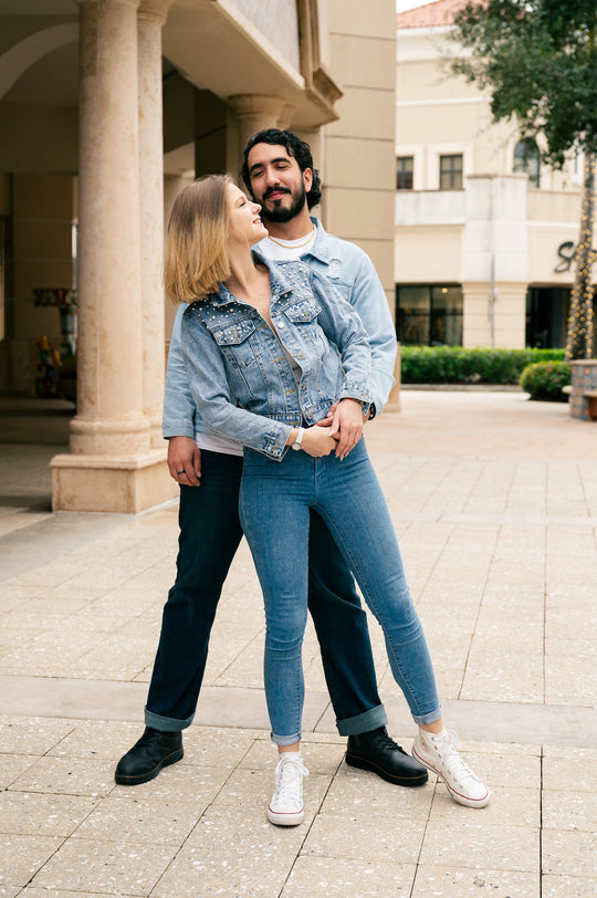 Mr and Mrs Custom Denim Jackets for Groom and Bride - pearls