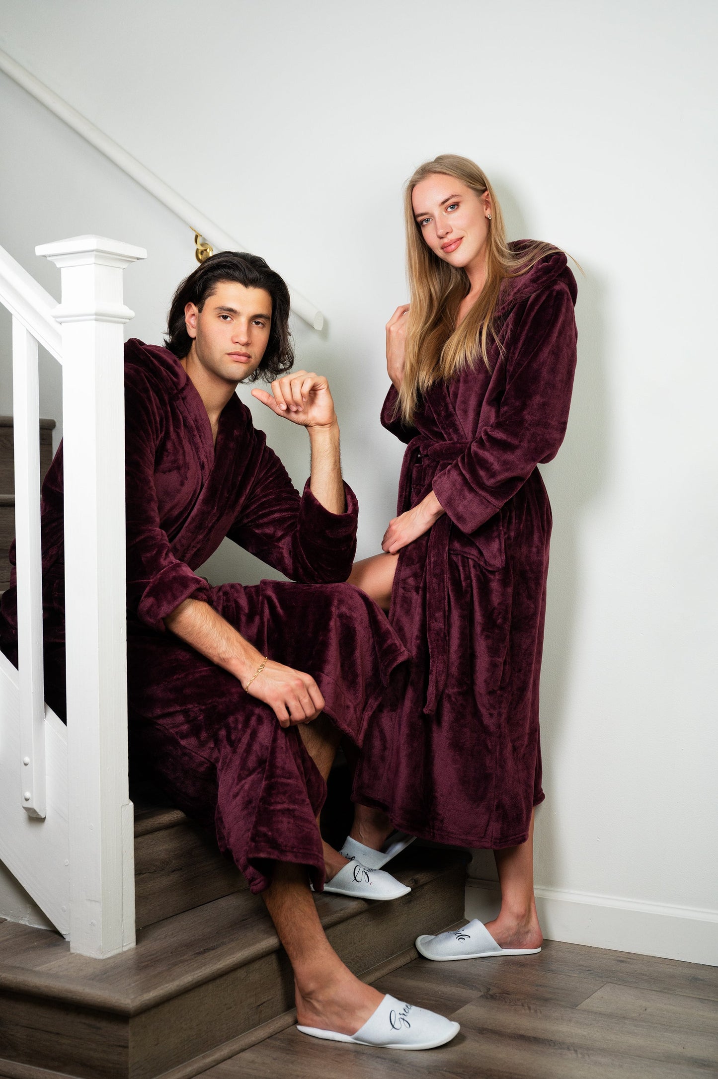 Mr and Mrs Custom Hooded Long Bathrobes - Women S / Burgundy