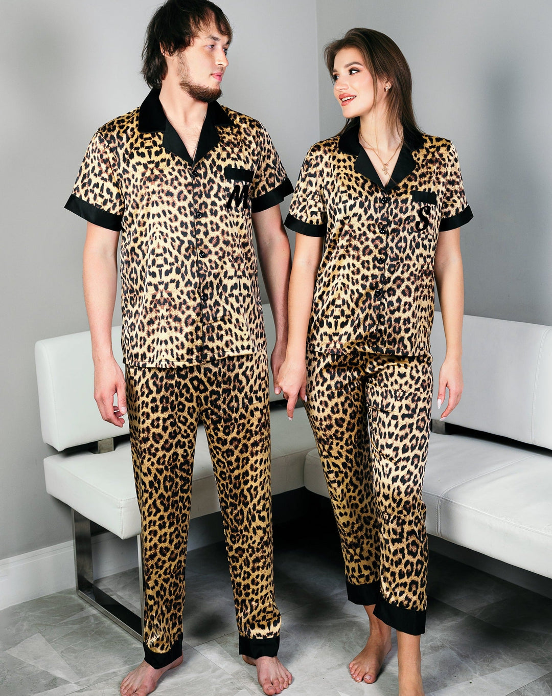 Leopard Pajamas Set Pajamas for Couple, Custom Satin Pjs, Wedding
