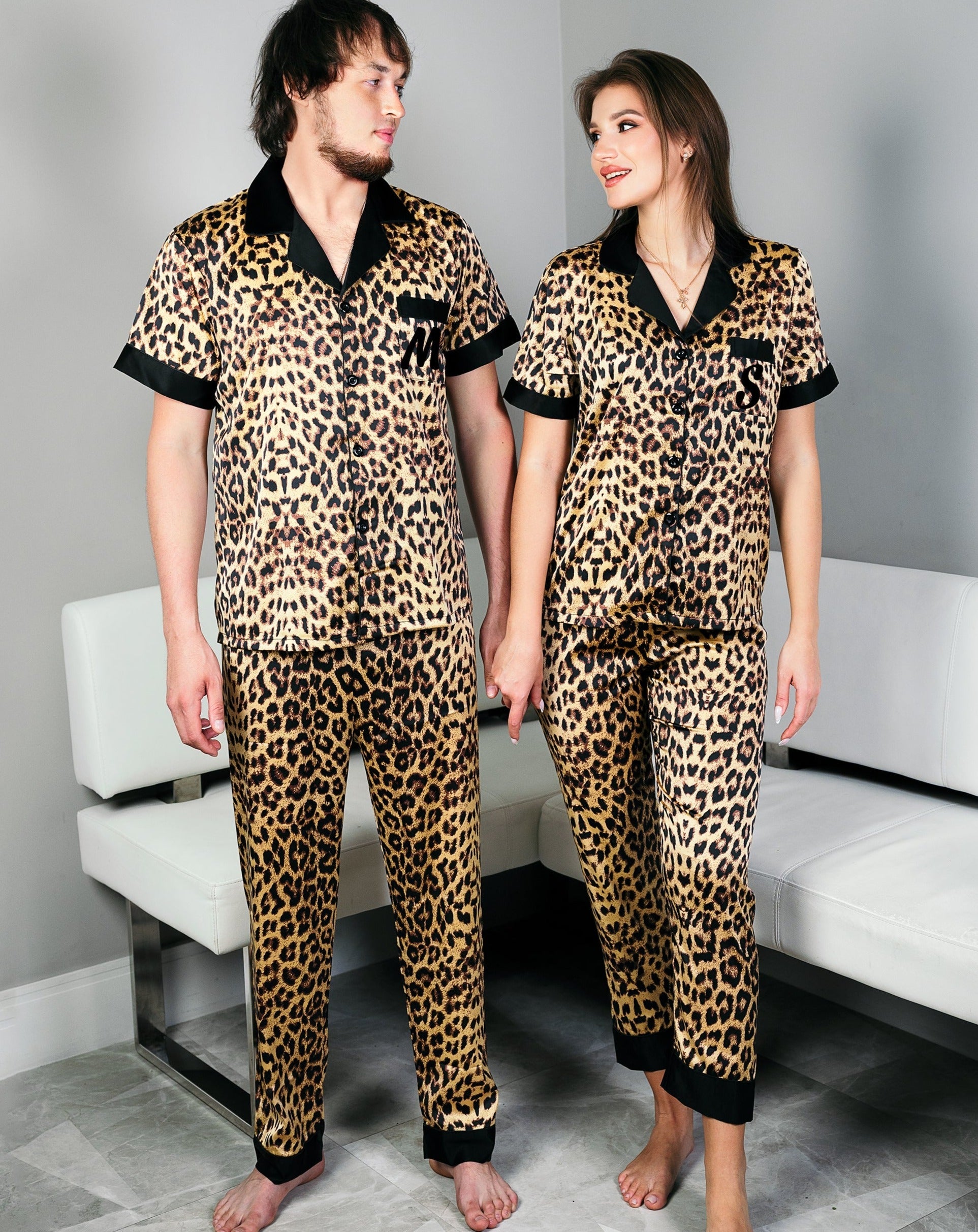 Summer Couple Men Women Leopard Printed Stain Lapel Long Sleeve Pants  Sleepwear Lovers Female Pajamas Pyjamas Homewear