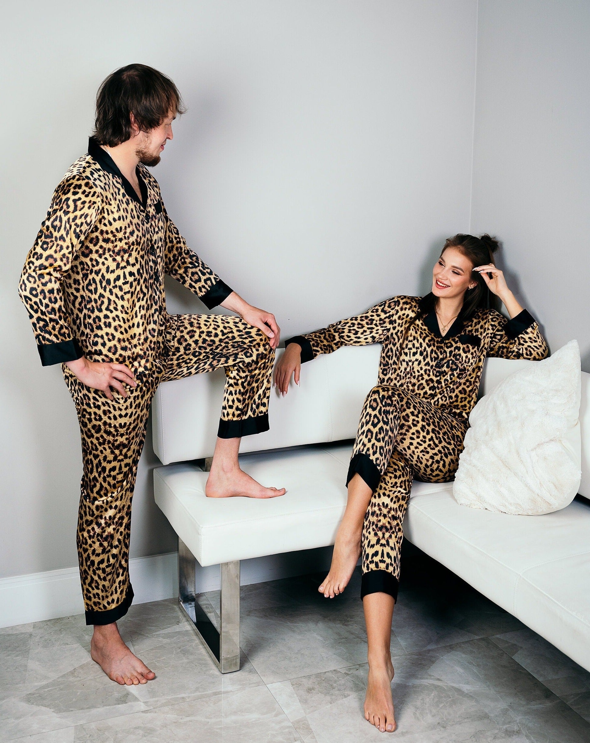 Summer Couple Men Women Leopard Printed Stain Lapel Long Sleeve Pants  Sleepwear Lovers Female Pajamas Pyjamas Homewear