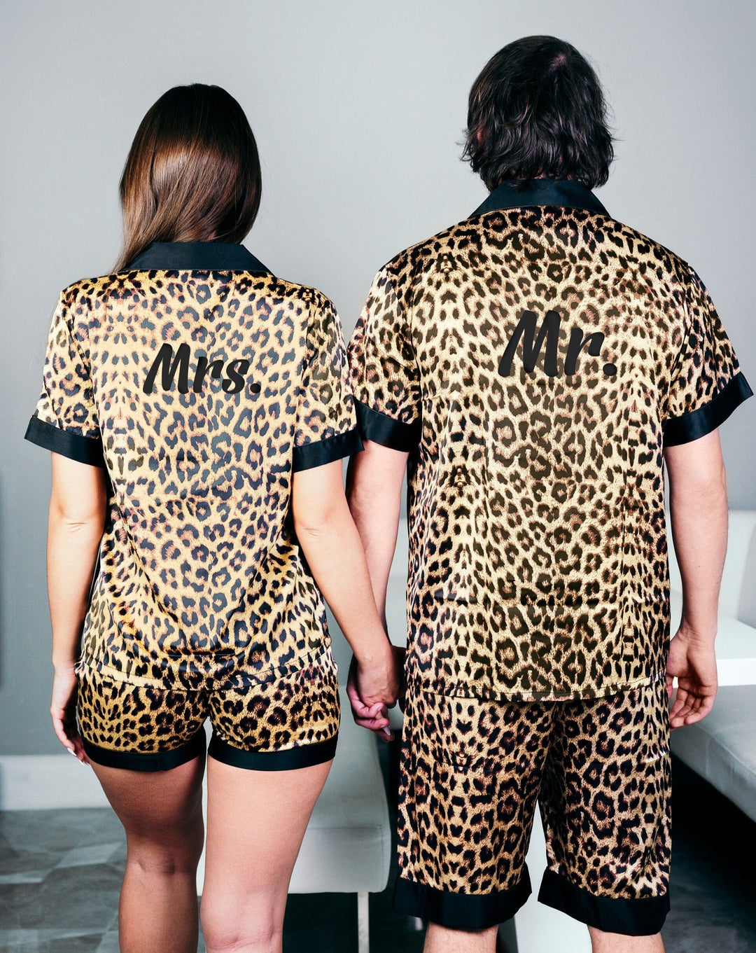 Mr and Mrs Leopard Print Satin Pajamas for Couple - Pajamas 