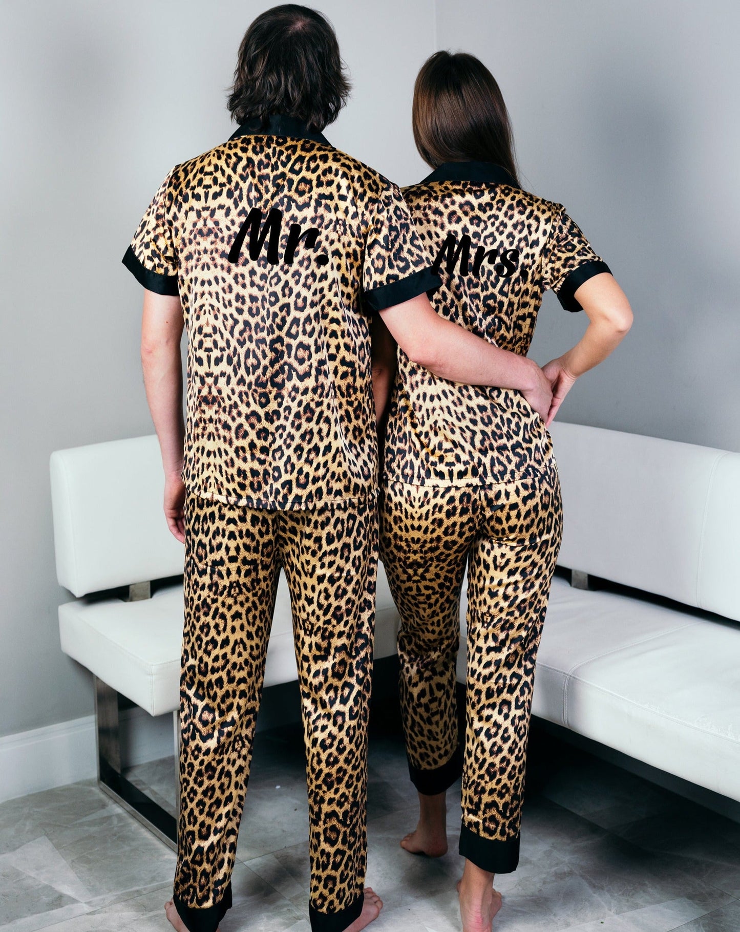 Mr and Mrs Leopard Print Satin Pajamas for Couple - Pajamas 