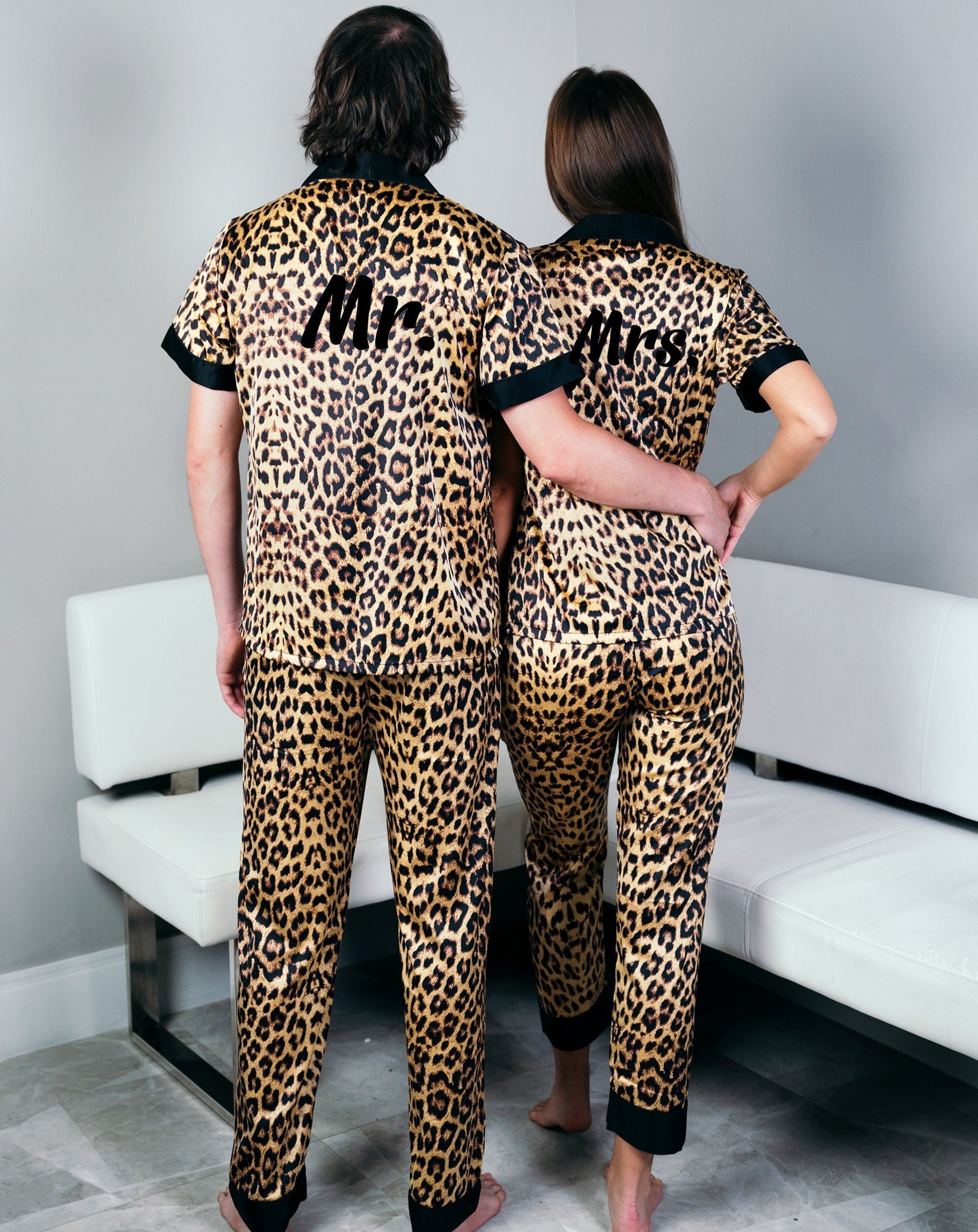 Leopard Pajamas Anniversary Couple, Pajamas Honeymoon Set for – Gifts Pjs, gift Wedding Xmas Boutique Miami Sunny Pajamas Gift, Satin Custom