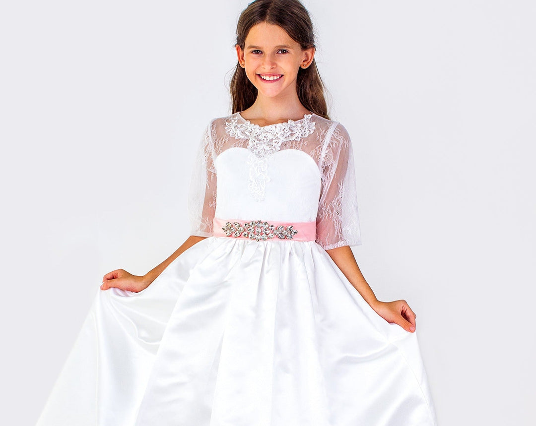 Flower Girls Dress With Bow Elegant First Holy Communion