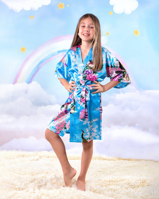 Set of 9 Kids Floral Peacock Satin Robes