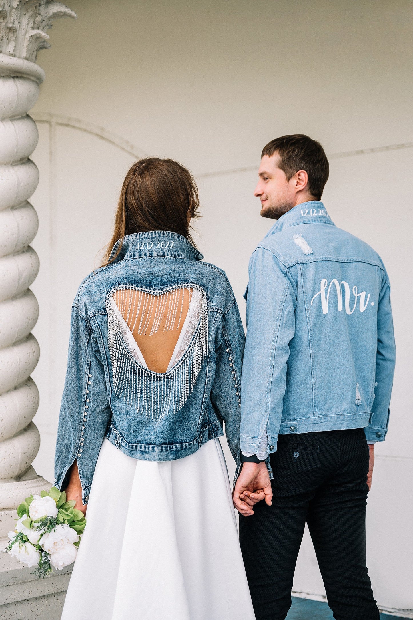 Wedding Denim Jacket with Rhinestone Heart - Custom jackets
