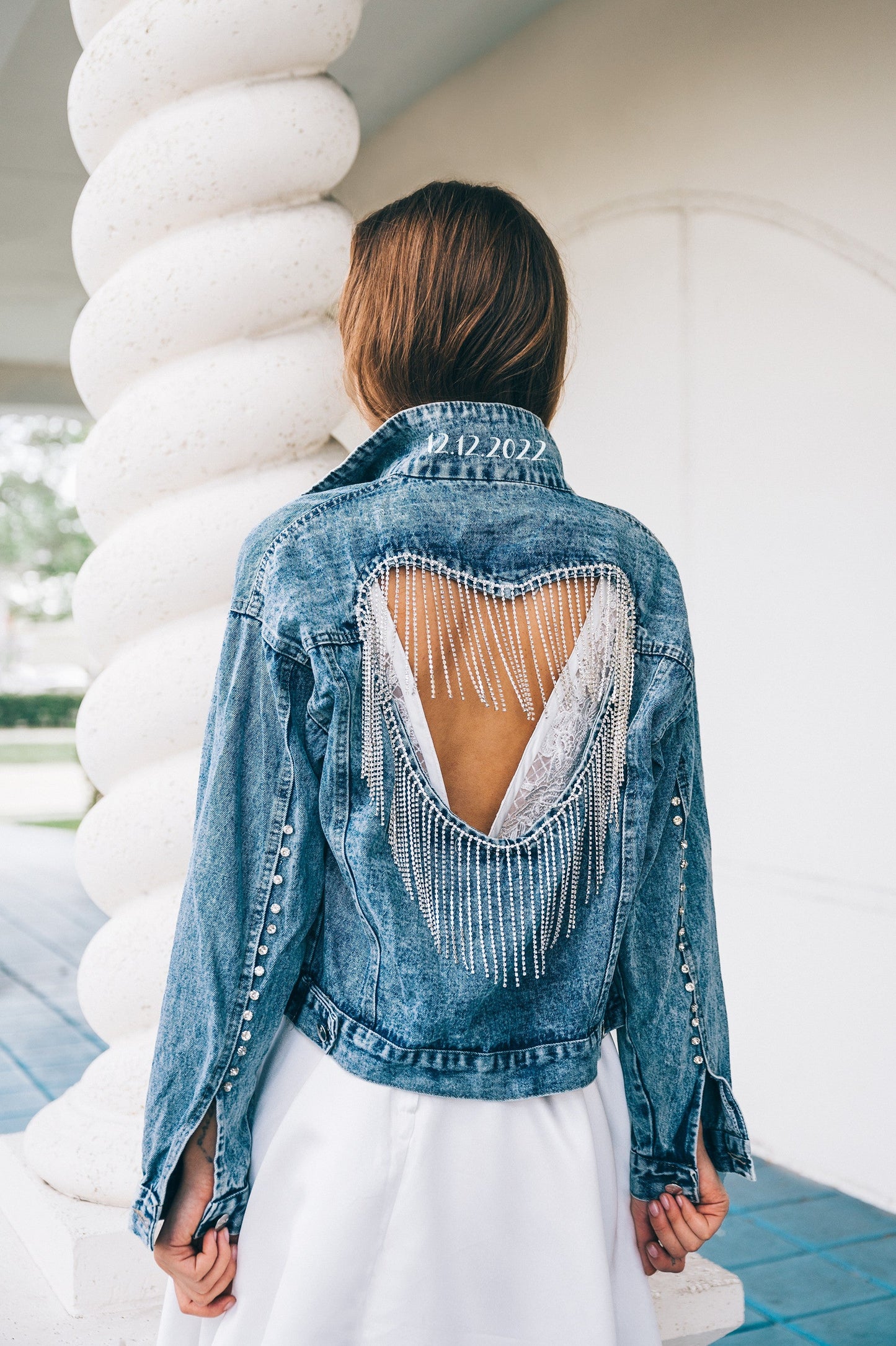 Wedding Denim Jacket with Rhinestone Heart - Custom jackets