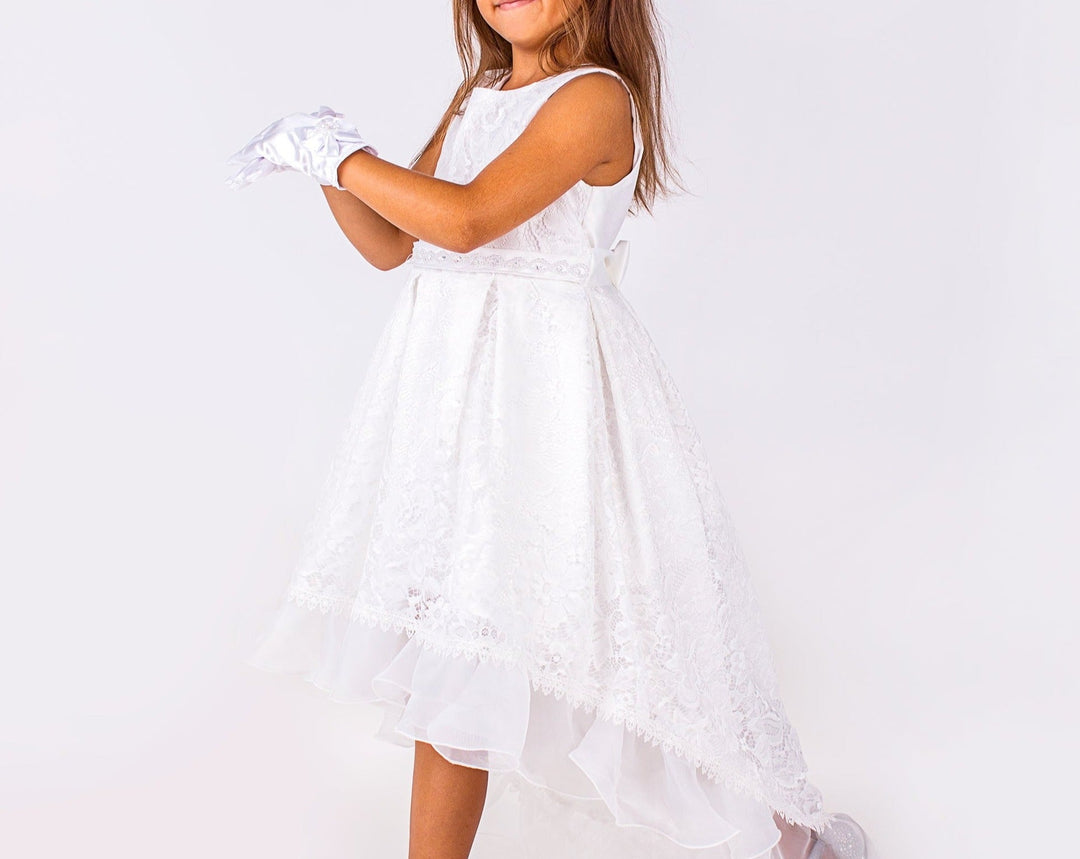 Flower Girls Short Lace Dress with Pearls Belt
