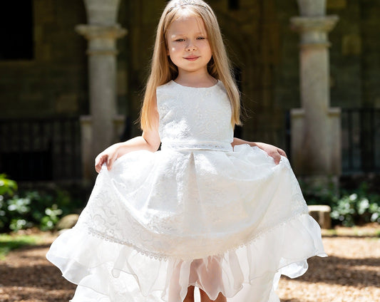 Flower Girls Short Lace Dress with Pearls Belt